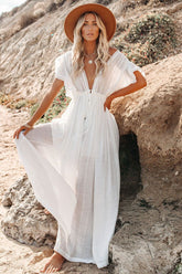 Robe longue blanche cache-maillot pour femme, caftan, col en V, couleur unie, tenue de vacances